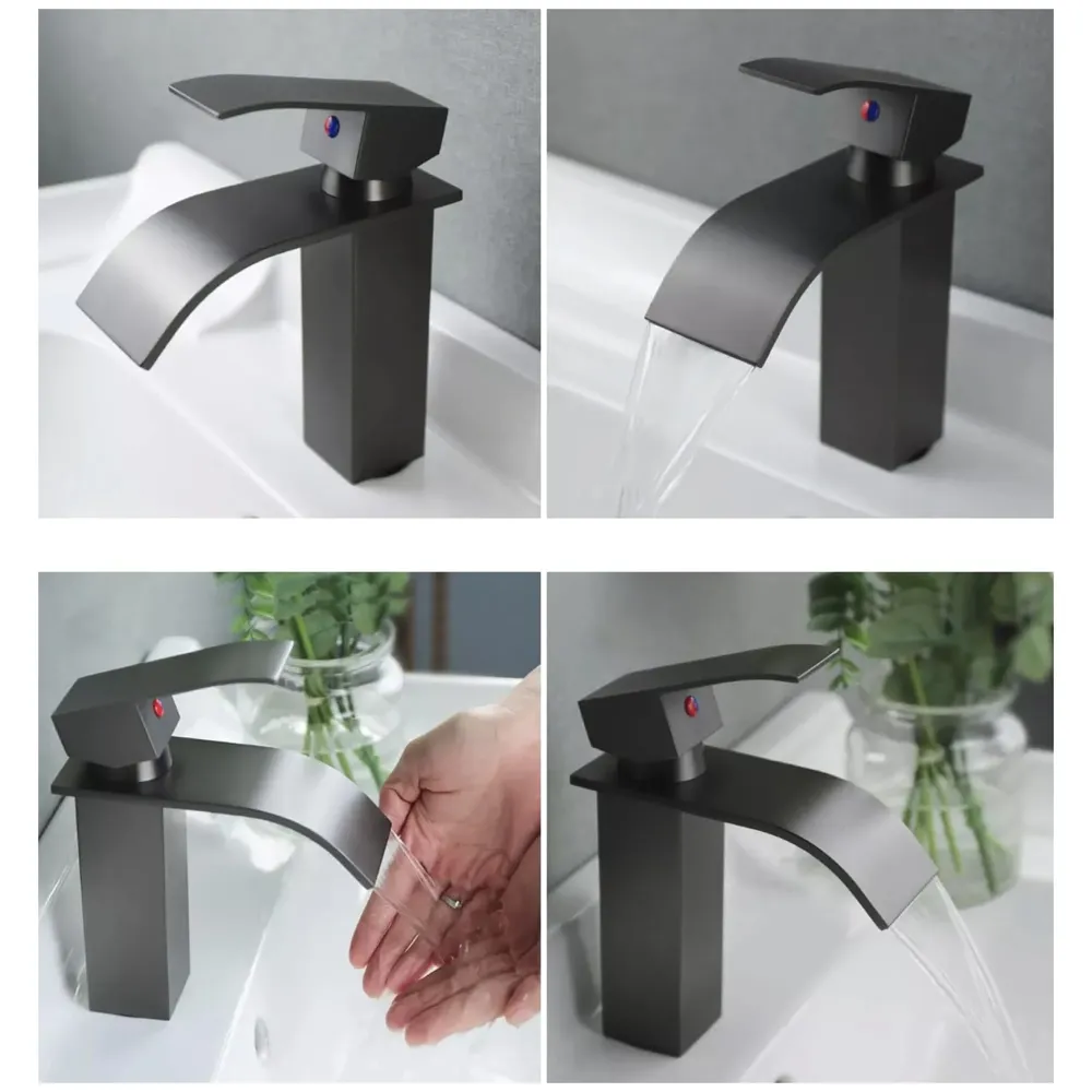 Waterfall Black Basin Tap Faucet Mixer for Bathroom Toilet Wash Basins Hot and Cold Water Small Matt Black, SS Material, 7 Inches Height