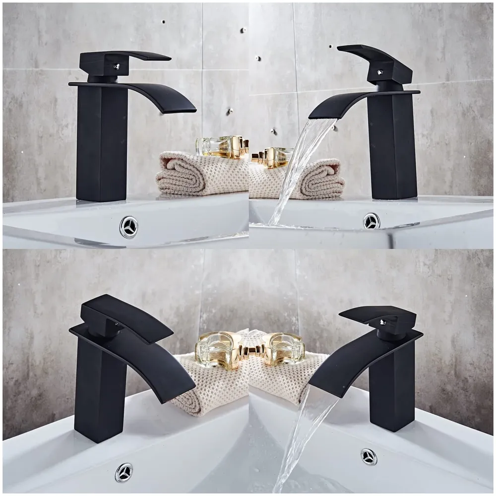 Waterfall Black Basin Tap Faucet Mixer for Bathroom Toilet Wash Basins Hot and Cold Water Small Matt Black, SS Material, 7 Inches Height
