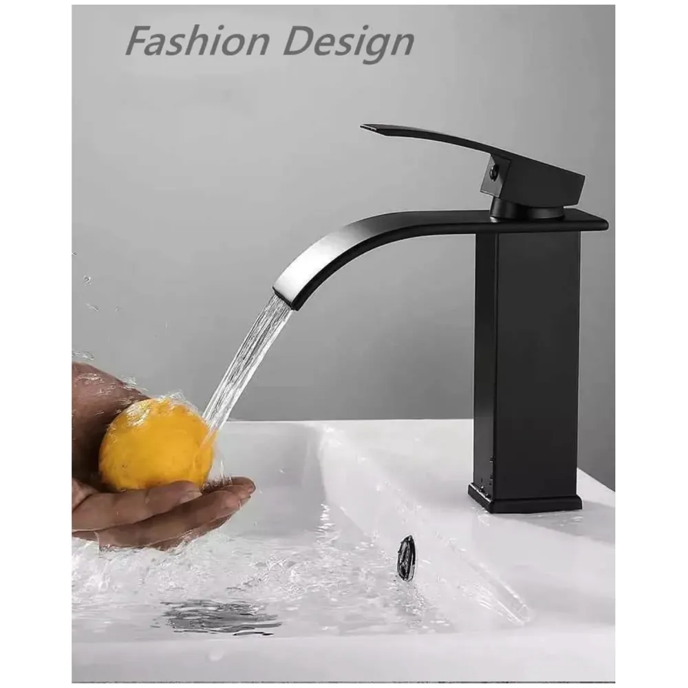 Waterfall Black Basin Tap Faucet Mixer for Bathroom Toilet Wash Basins Hot and Cold Water Small Matt Black, SS Material, 7 Inches Height