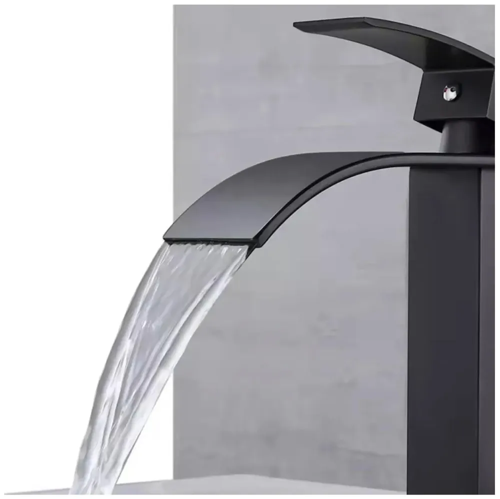 Waterfall Black Basin Tap Faucet Mixer for Bathroom Toilet Wash Basins Hot and Cold Water Small Matt Black, SS Material, 7 Inches Height