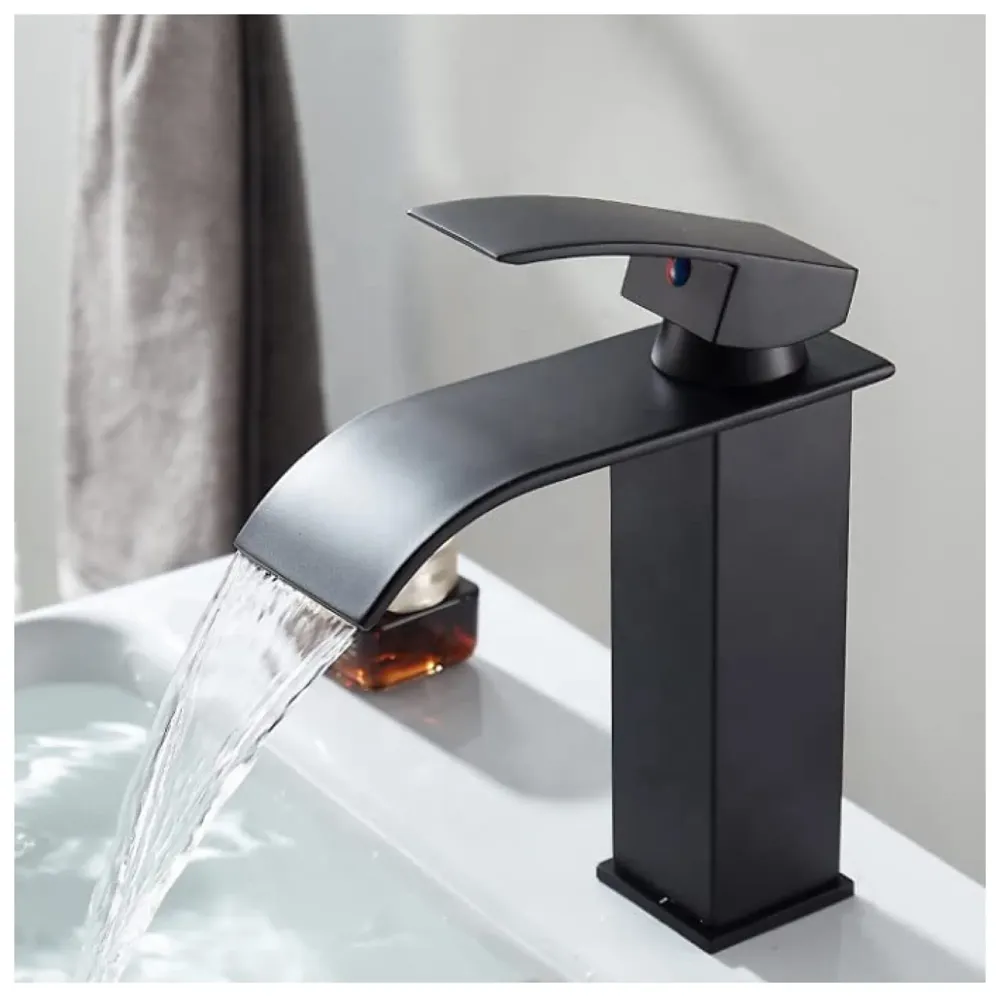Waterfall Black Basin Tap Faucet Mixer for Bathroom Toilet Wash Basins Hot and Cold Water Small Matt Black, SS Material, 7 Inches Height
