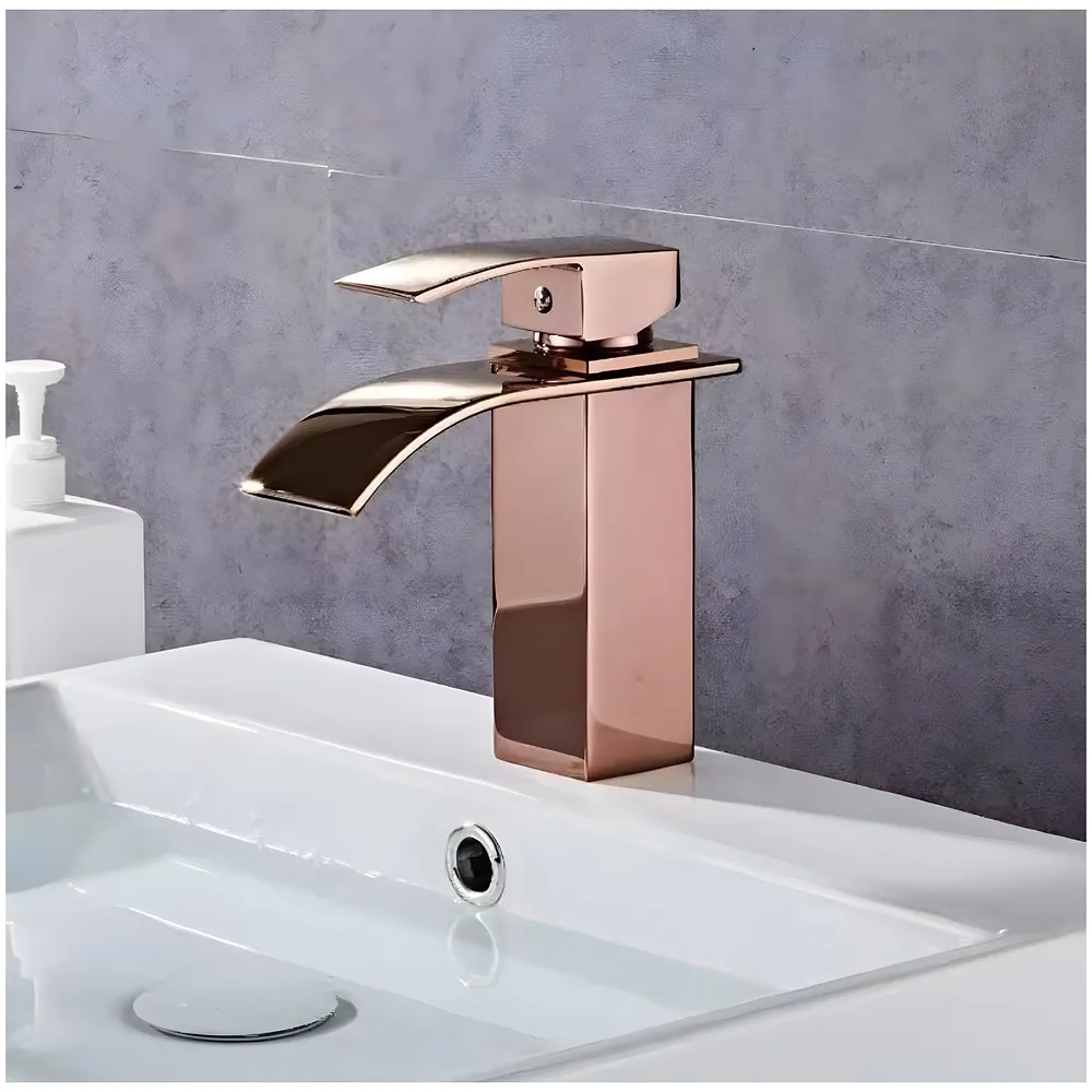 Rose Gold Tall Waterfall Faucet Waterfall Single Lever Basin Mixer Midnight Waterfall Small Black, SS Material, 7 Inches Height Rosey Premium