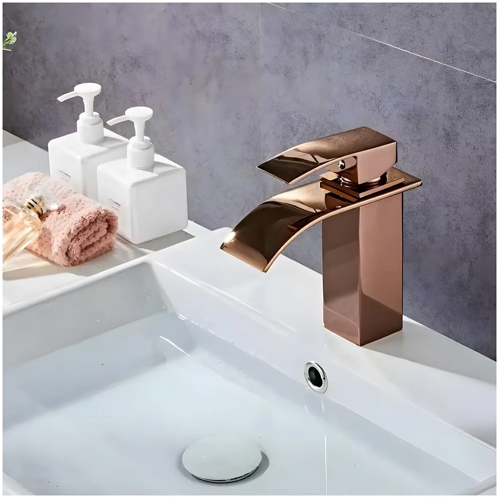 Rose Gold Tall Waterfall Faucet Waterfall Single Lever Basin Mixer Midnight Waterfall Small Black, SS Material, 7 Inches Height Rosey Premium