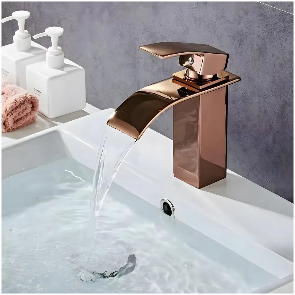 Rose Gold Tall Waterfall Faucet Waterfall Single Lever Basin Mixer Midnight Waterfall Small Black, SS Material, 7 Inches Height Rosey Premium