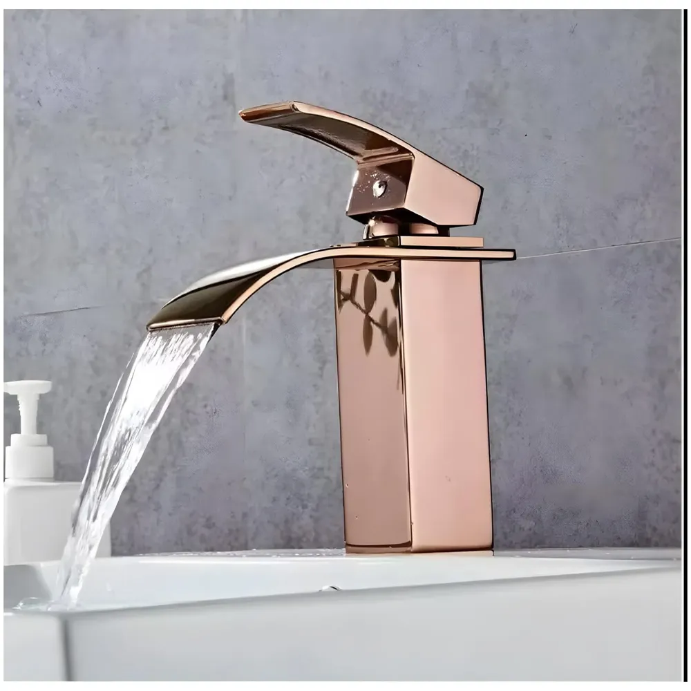Rose Gold Tall Waterfall Faucet Waterfall Single Lever Basin Mixer Midnight Waterfall Small Black, SS Material, 7 Inches Height Rosey