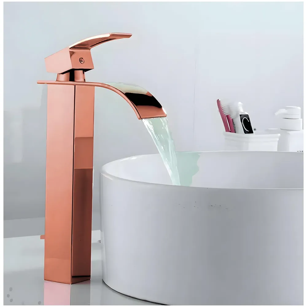 Rose Gold Tall Waterfall Faucet Waterfall Single Lever Basin Mixer Rosegold Waterfall Tall, SS Material, 12 Inches Height Rosey
