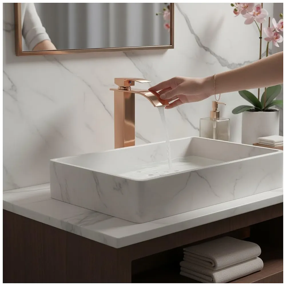 Rose Gold Tall Waterfall Faucet Waterfall Single Lever Basin Mixer Rosegold Waterfall Tall, SS Material, 12 Inches Height Rosey