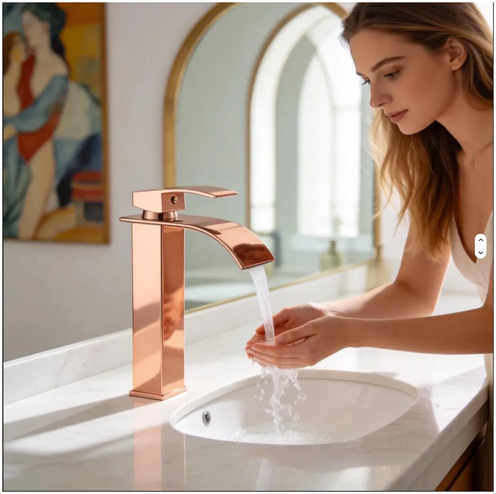 Rose Gold Tall Waterfall Faucet Waterfall Single Lever Basin Mixer Rosegold Waterfall Tall, SS Material, 12 Inches Height Rosey
