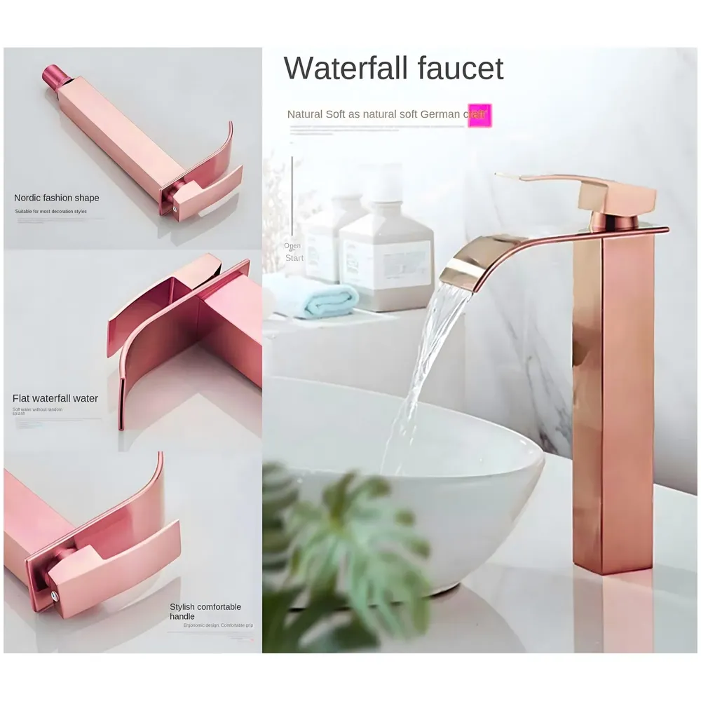Rose Gold Tall Waterfall Faucet Waterfall Single Lever Basin Mixer Rosegold Waterfall Tall, SS Material, 12 Inches Height Rosey