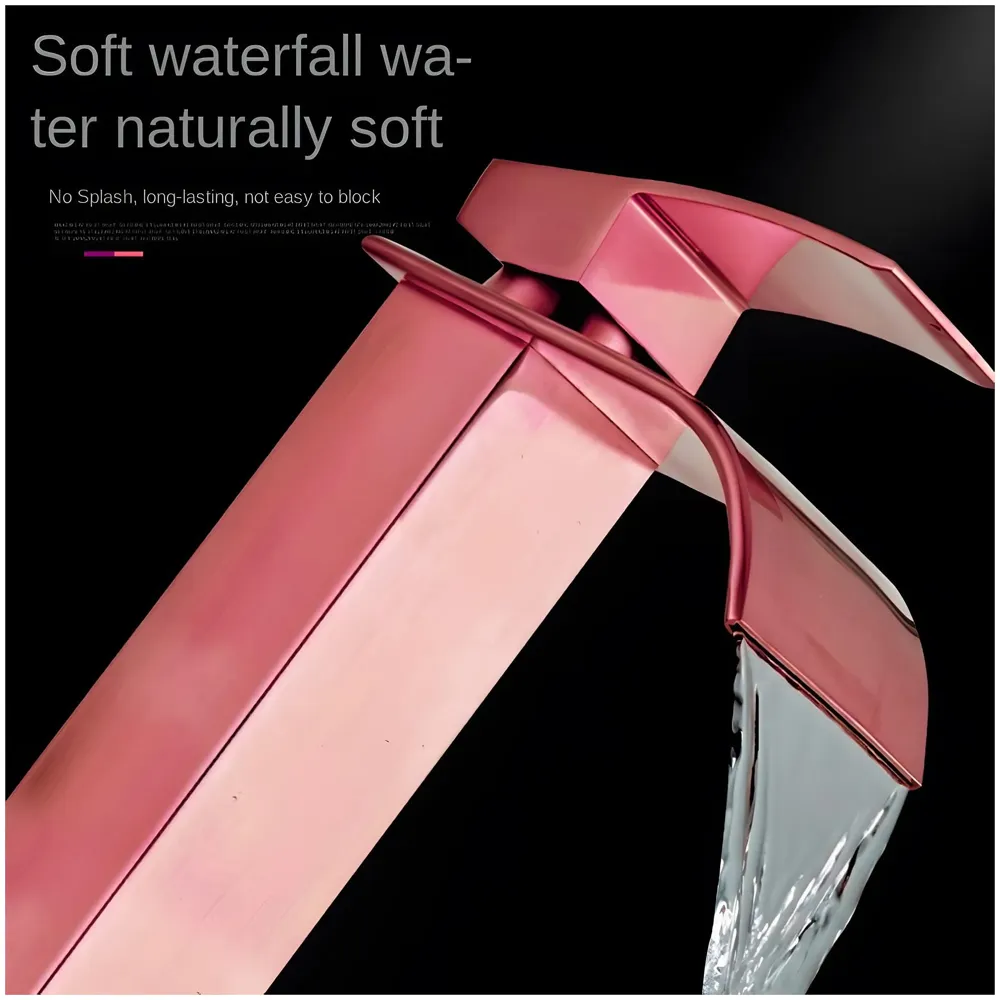 Rose Gold Tall Waterfall Faucet Waterfall Single Lever Basin Mixer Rosegold Waterfall Tall, SS Material, 12 Inches Height Rosey