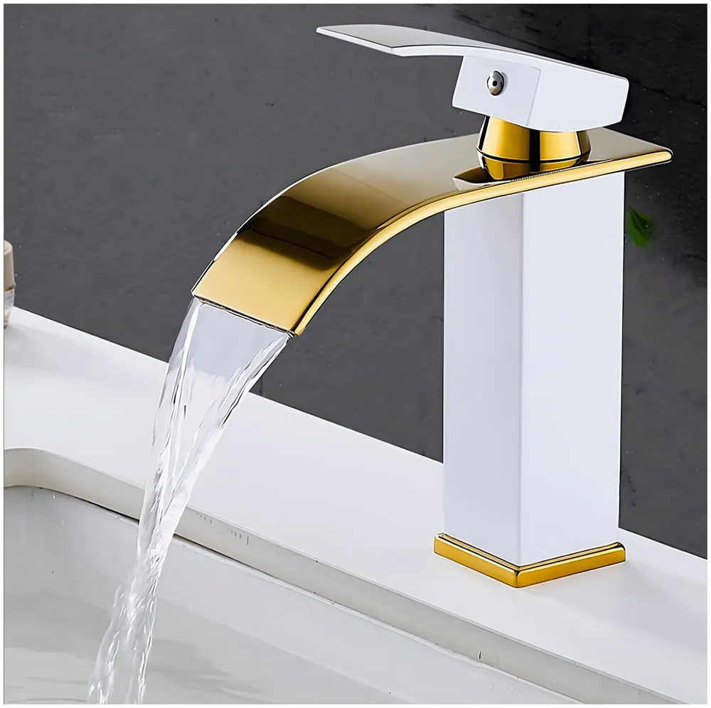 24x7 eMal White Gold Waterfall Faucet Waterfall Single Lever Basin Mixer for Bathroom Toilet Basins Small, SS Material, 7 Inches Height