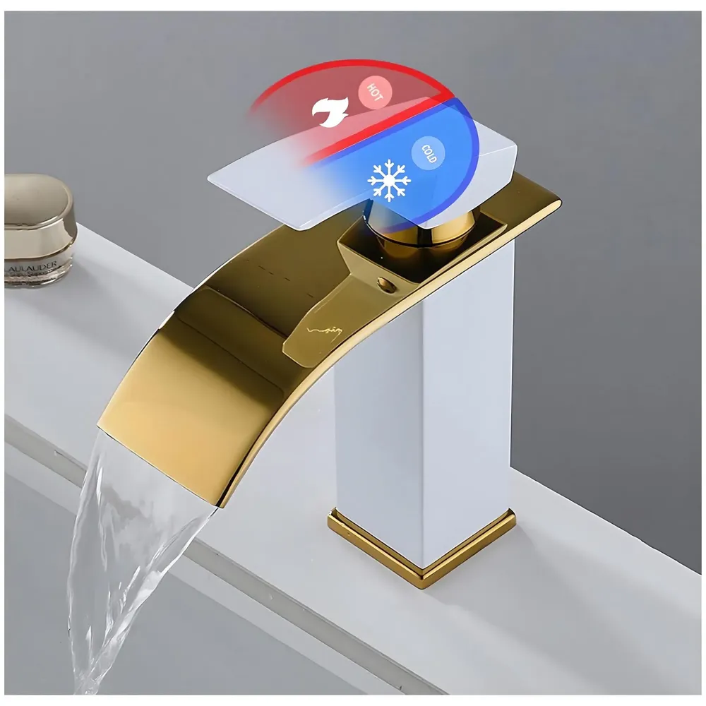 24x7 eMal White Gold Waterfall Faucet Waterfall Single Lever Basin Mixer for Bathroom Toilet Basins Small, SS Material, 7 Inches Height