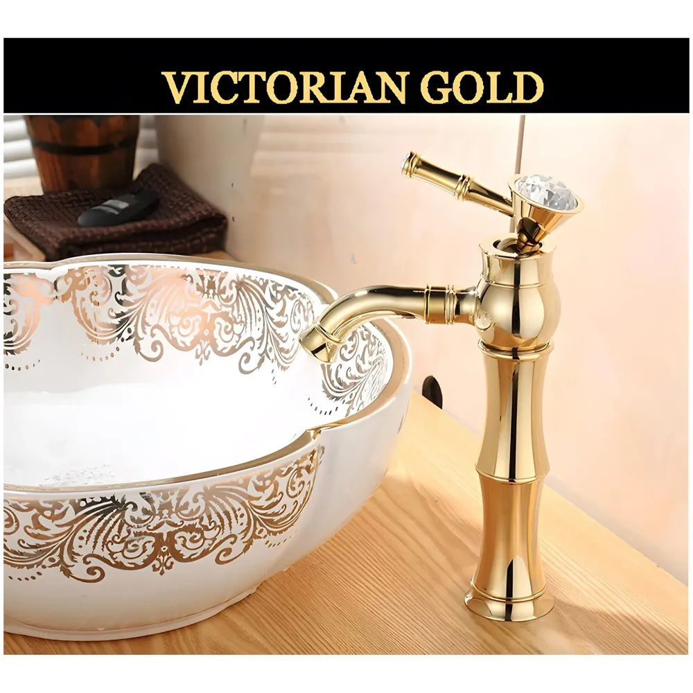 Gold Basin Tap Faucet Mixer for Bathroom Toilet Wash Basins Hot and Cold Water (Without pop-up) Victorian Gold 12 inches Height Golden Colour