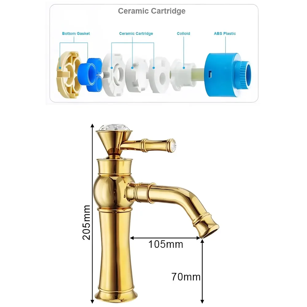 Gold Basin Tap Faucet Mixer for Bathroom Toilet Wash Basins Hot and Cold Water | Victorian Collection | 8 inches Height Golden Colour