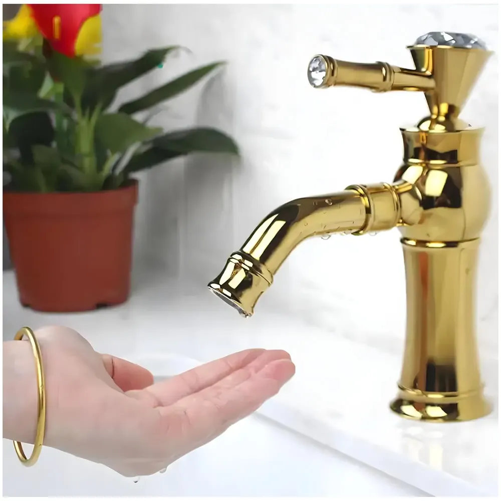Gold Basin Tap Faucet Mixer for Bathroom Toilet Wash Basins Hot and Cold Water | Victorian Collection | 8 inches Height Golden Colour