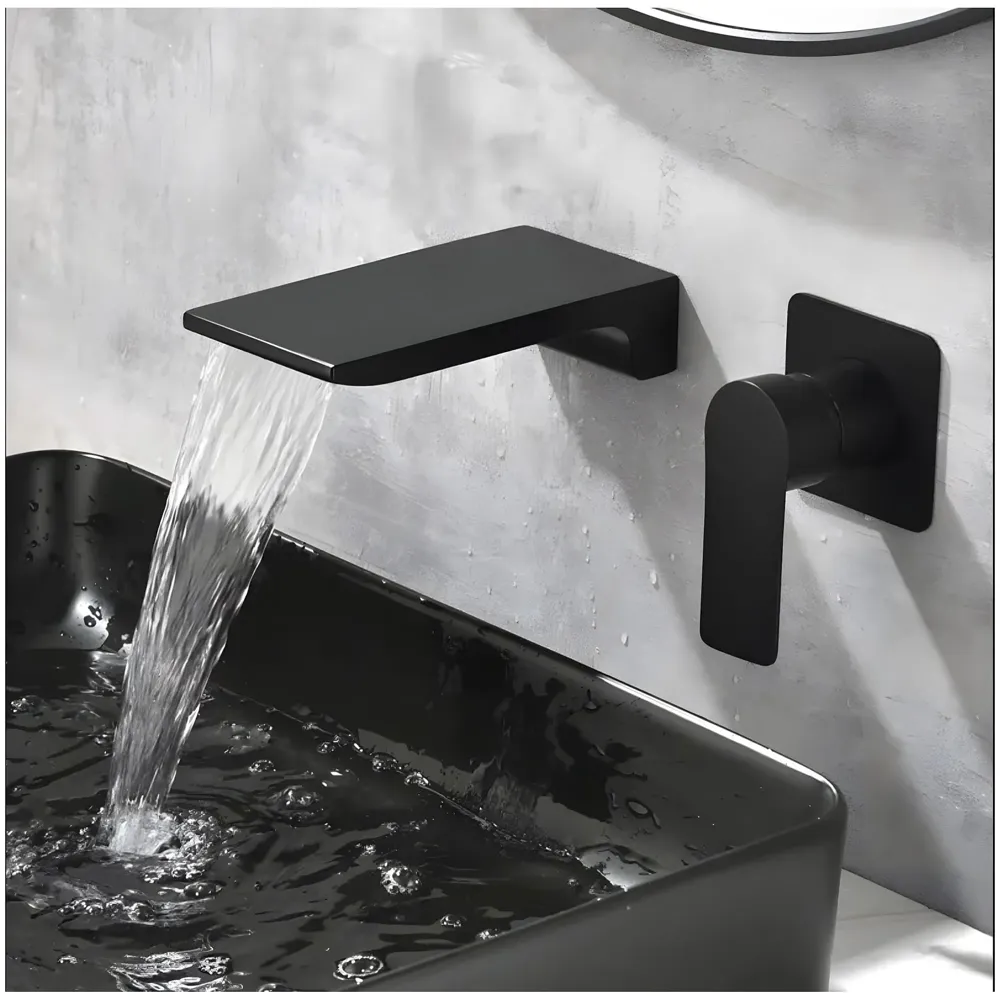 Brass Black Wall Mixer Waterfall Hot and Cold Basin Tap Faucet Basin Mixer Wall Mounted Mixer with Concealed Parts, for Bathroom Wash Basin Matt Black -18cm x 9.5Cm
