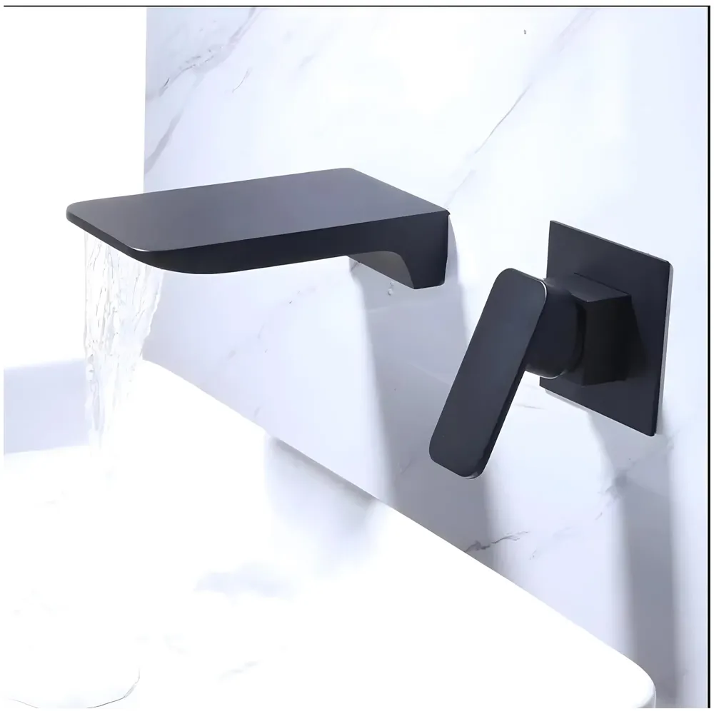 Brass Black Wall Mixer Waterfall Hot and Cold Basin Tap Faucet Basin Mixer Wall Mounted Mixer with Concealed Parts, for Bathroom Wash Basin Matt Black -18cm x 9.5Cm
