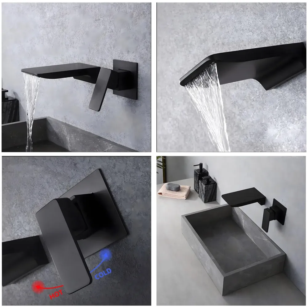 Brass Black Wall Mixer Waterfall Hot and Cold Basin Tap Faucet Basin Mixer Wall Mounted Mixer with Concealed Parts, for Bathroom Wash Basin Matt Black -18cm x 9.5Cm