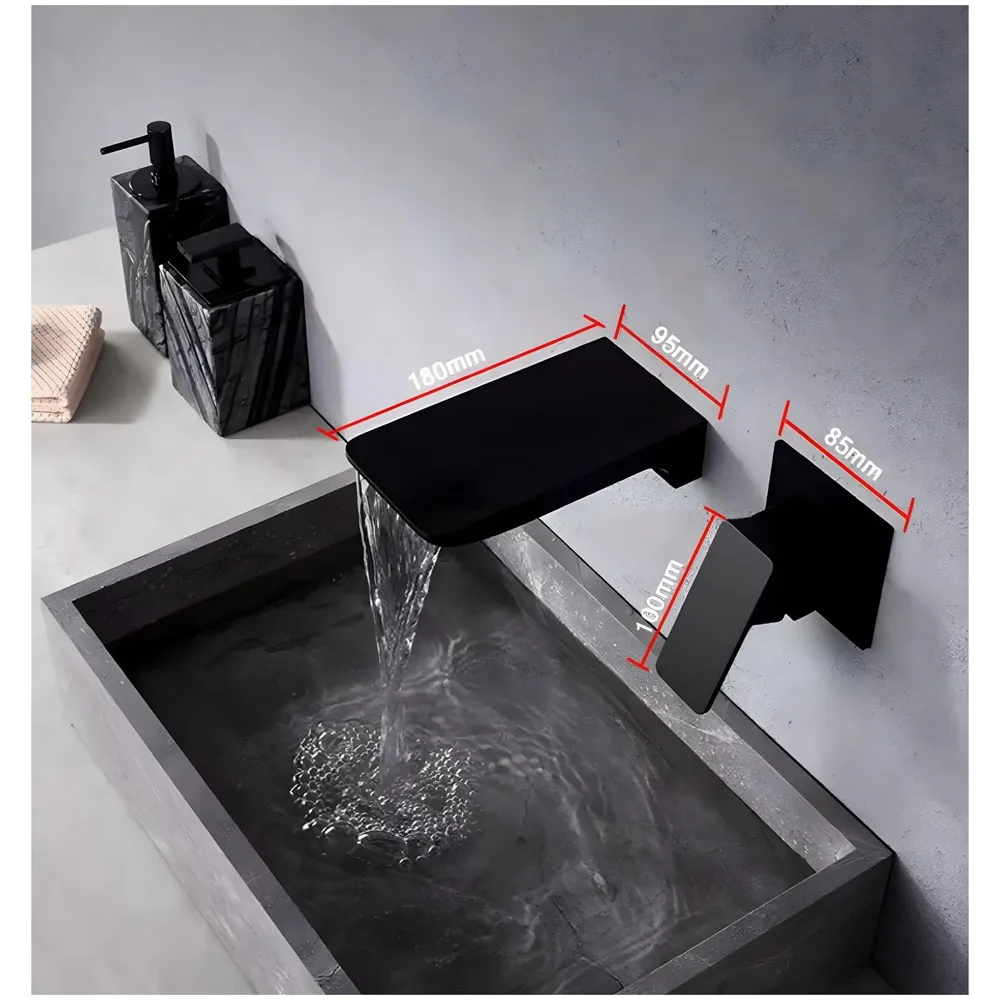 Brass Black Wall Mixer Waterfall Hot and Cold Basin Tap Faucet Basin Mixer Wall Mounted Mixer with Concealed Parts, for Bathroom Wash Basin Matt Black -18cm x 9.5Cm