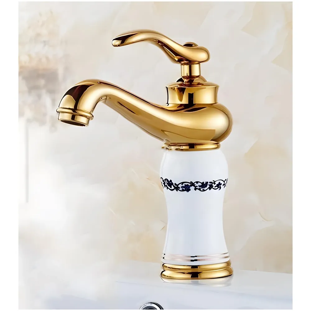 White Gold Basin Tap Faucet Mixer for Bathroom Toilet Wash Basins Hot and Cold Water (Without pop-up) (White Flower) 7 inches Height