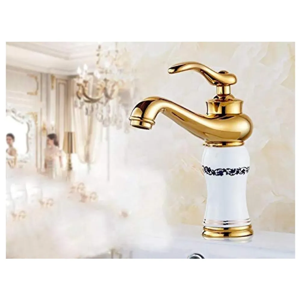 White Brass Heavy Single Lever Basin Mixer ~ with 2 Braided Connection Pipes 450mm, White Flower, 7 inches Height