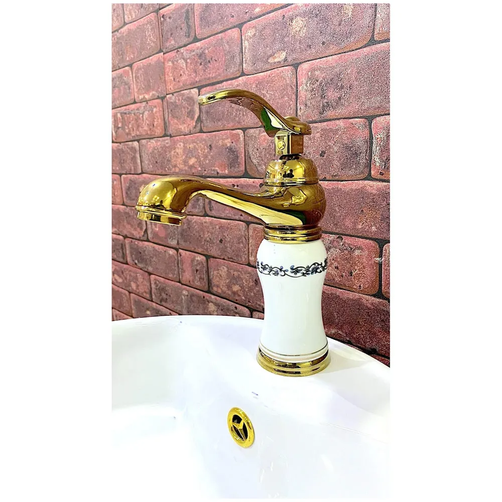 White Brass Heavy Single Lever Basin Mixer ~ with 2 Braided Connection Pipes 450mm, White Flower, 7 inches Height