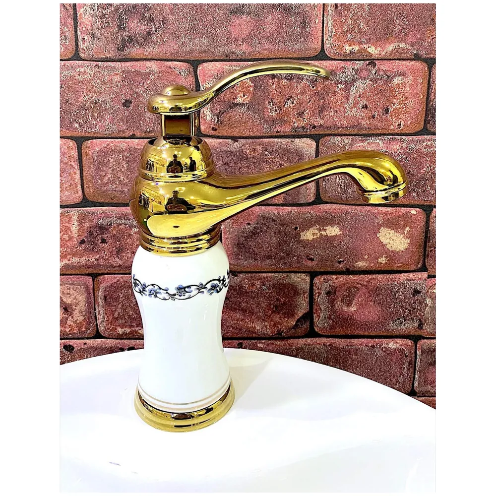 White Brass Heavy Single Lever Basin Mixer ~ with 2 Braided Connection Pipes 450mm, White Flower, 7 inches Height