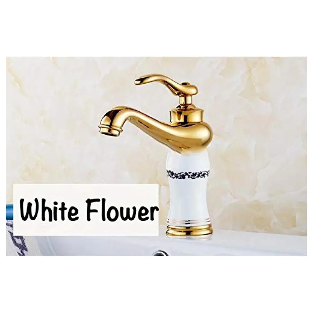 White Brass Heavy Single Lever Basin Mixer ~ with 2 Braided Connection Pipes 450mm, White Flower, 7 inches Height