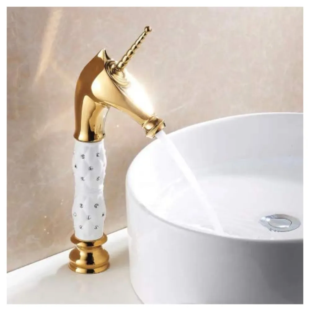 Unicorn Heavy Single Lever Basin Mixer ~ with 2 Braided Connection Pipes 450mm (Without pop-up) (White Gold)