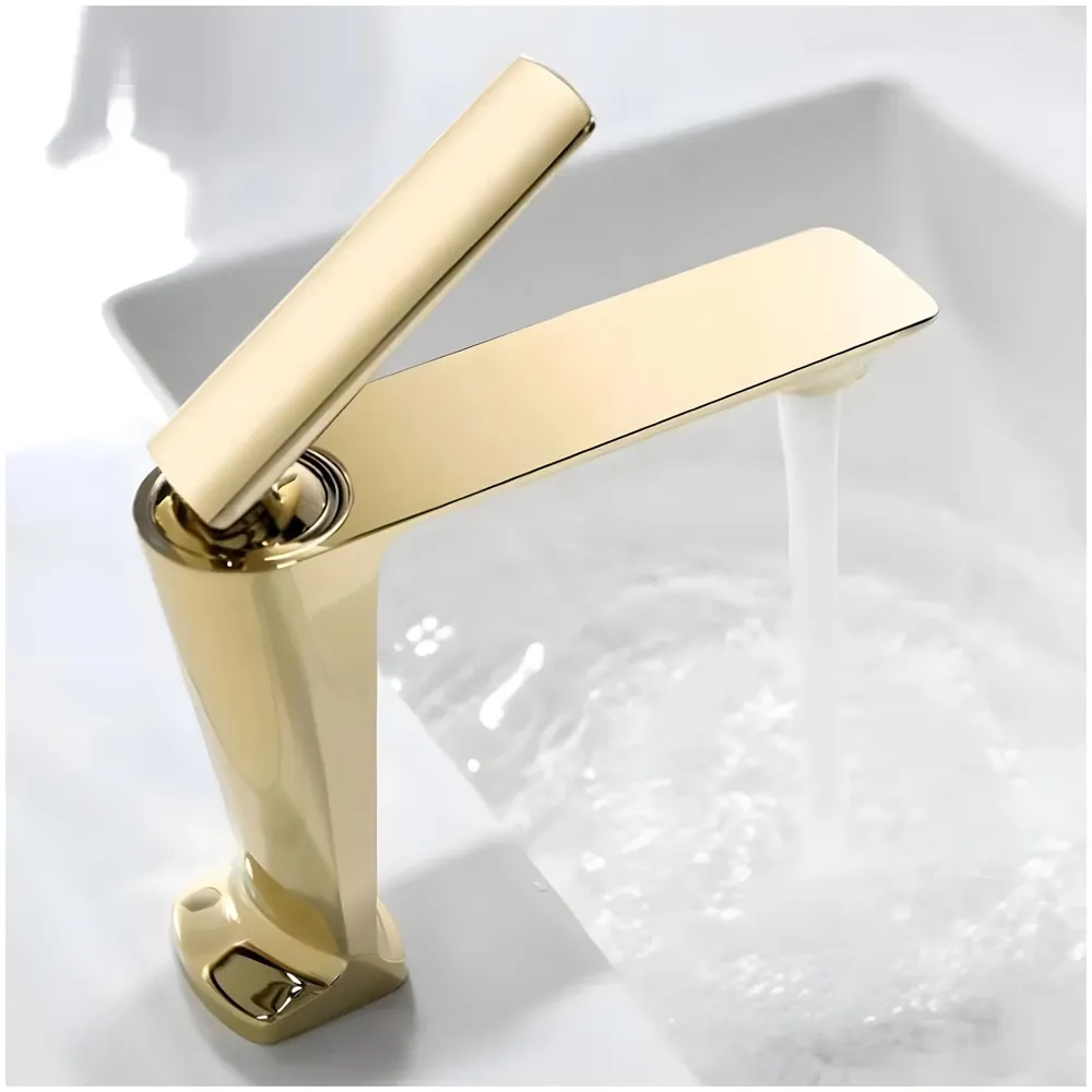 Gold Faucet Tap Mixer Hot and Cold Water Heavy Single Lever Basin Mixer with Ceramic Cartridge for Bathroom Wash Basins - 15 cm x 17cm - Golden
