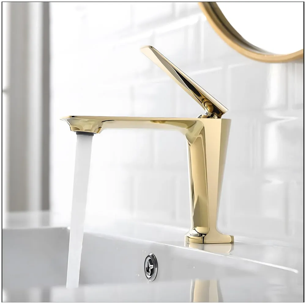 Gold Faucet Tap Mixer Hot and Cold Water Heavy Single Lever Basin Mixer with Ceramic Cartridge for Bathroom Wash Basins - 15 cm x 17cm - Golden
