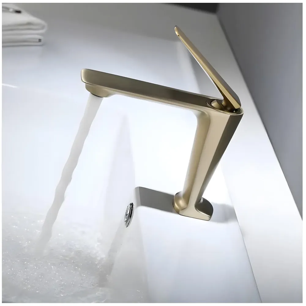 Gold Faucet Tap Mixer Hot and Cold Water Heavy Single Lever Basin Mixer with Ceramic Cartridge for Bathroom Wash Basins - 15 cm x 17cm - Golden