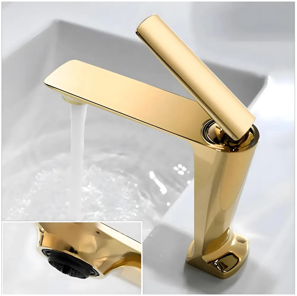 Gold Faucet Tap Mixer Hot and Cold Water Heavy Single Lever Basin Mixer with Ceramic Cartridge for Bathroom Wash Basins - 15 cm x 17cm - Golden