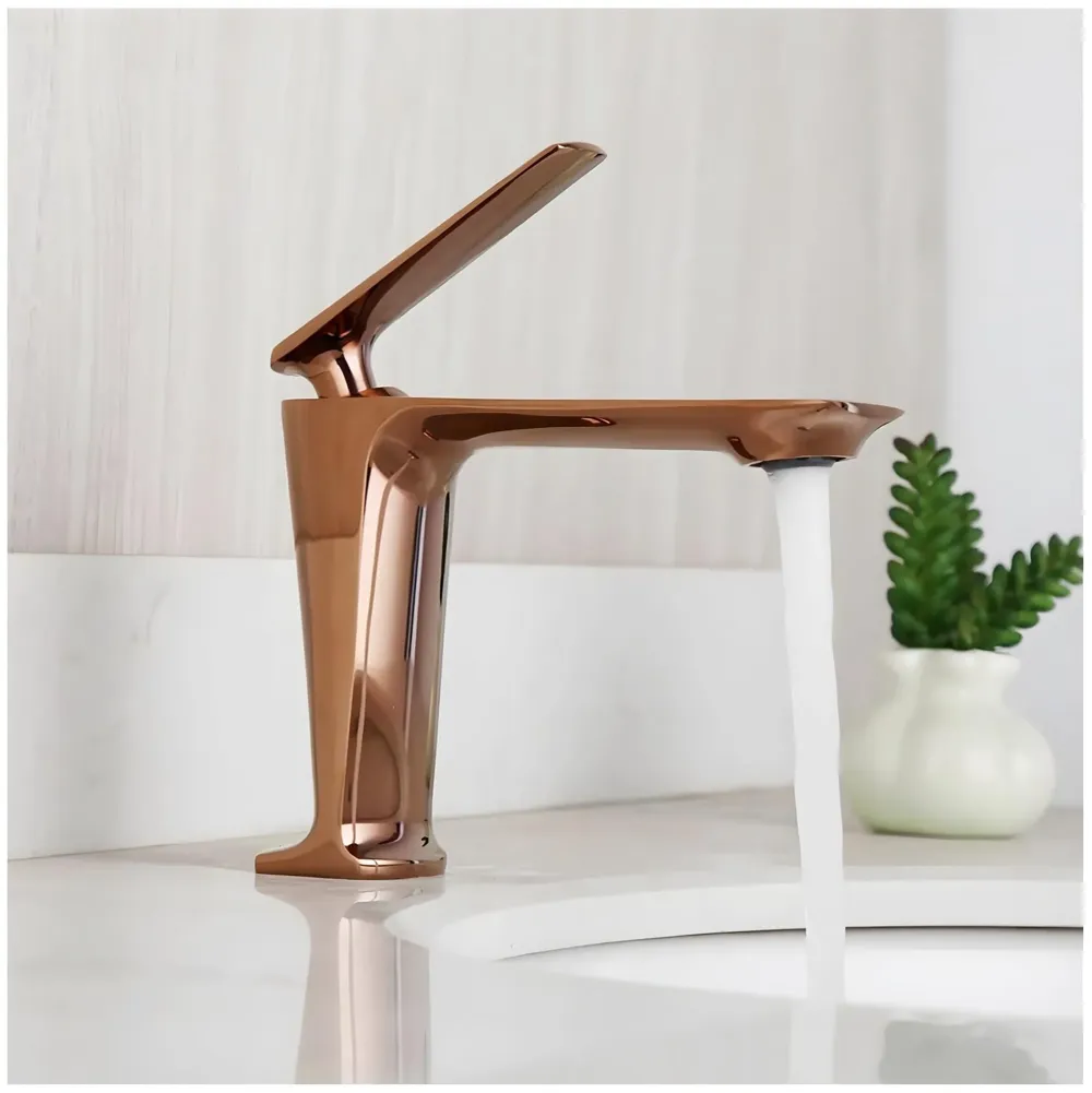 Rose Gold Faucet Tap Mixer Hot and Cold Water Heavy Single Lever Basin Mixer with Ceramic Cartridge for Bathroom Wash Basins - 15 cm x 17cm - Rose Gold