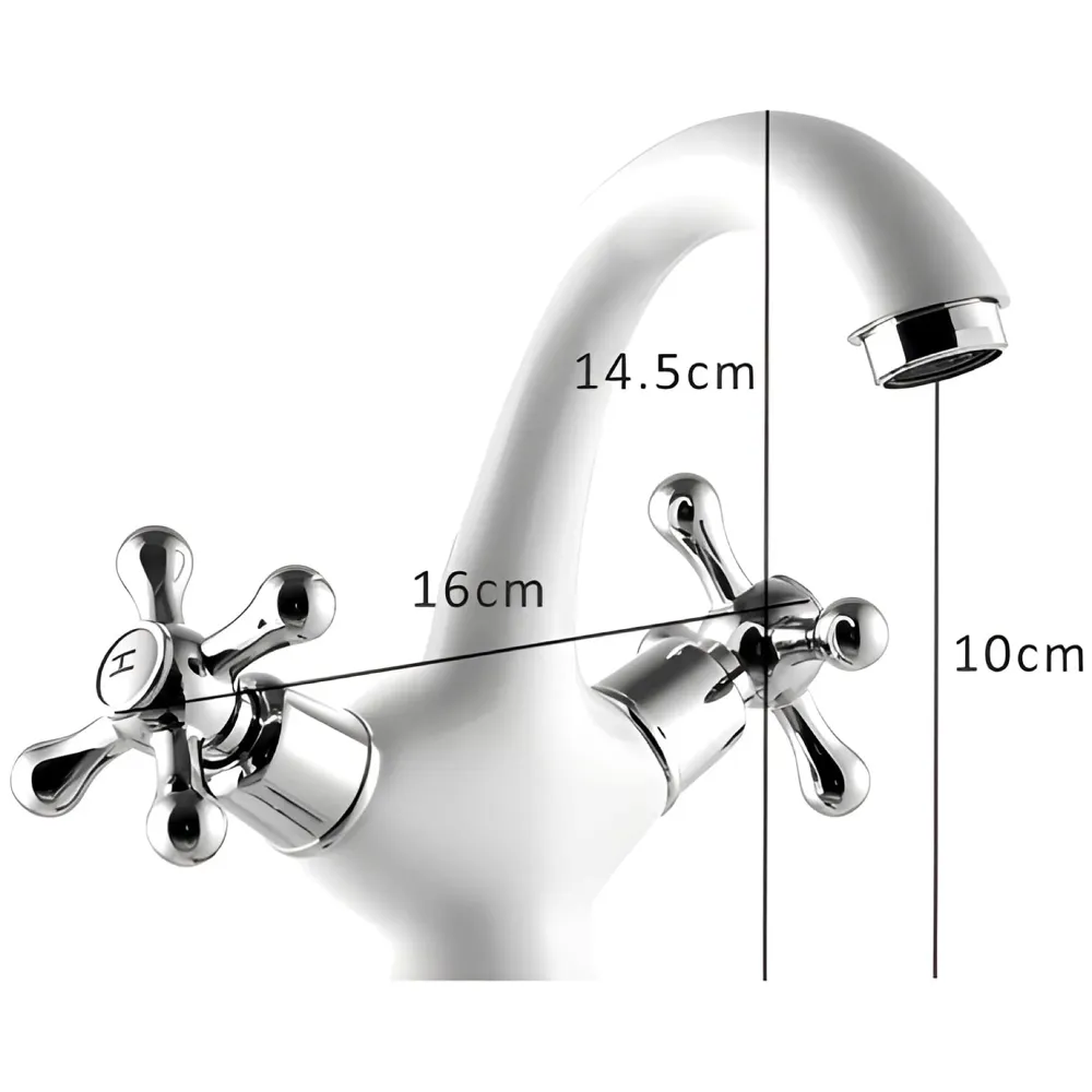 White Chrome Silver Faucet Tap Mixer Hot and Cold Water Traditional Collection Zinc Heavy Knob Basin Mixer 6 inches with Connector Pipes and Ceramic Cartridge