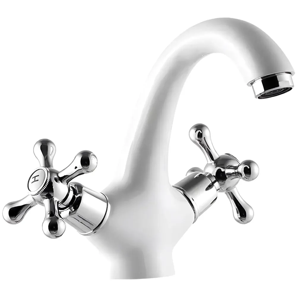 White Chrome Silver Faucet Tap Mixer Hot and Cold Water Traditional Collection Zinc Heavy Knob Basin Mixer 6 inches with Connector Pipes and Ceramic Cartridge