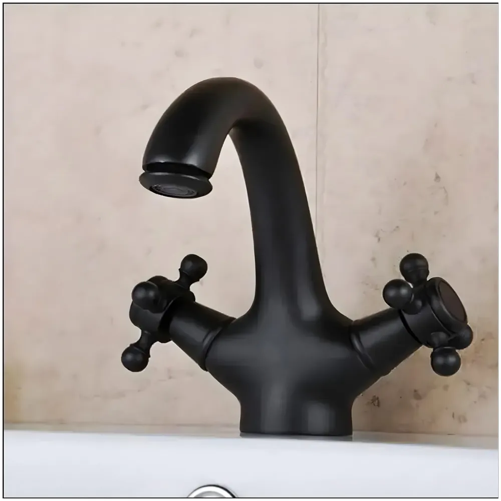 Black Waterfall Bathroom Tap Knob Controlled Hot and Cold Basin Mixer with 2 Pipes, 6 inch Tap for Wash Basins, Basin Mounted with Ceramic Cartridge