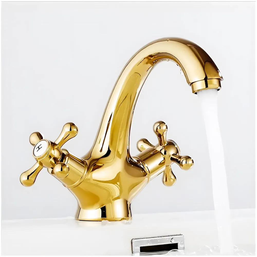 Gold Faucet Tap Mixer Hot and Cold Water Traditional Collection Zinc Heavy Knob Basin Mixer 6 inches with Connector Pipes and Ceramic Cartridge