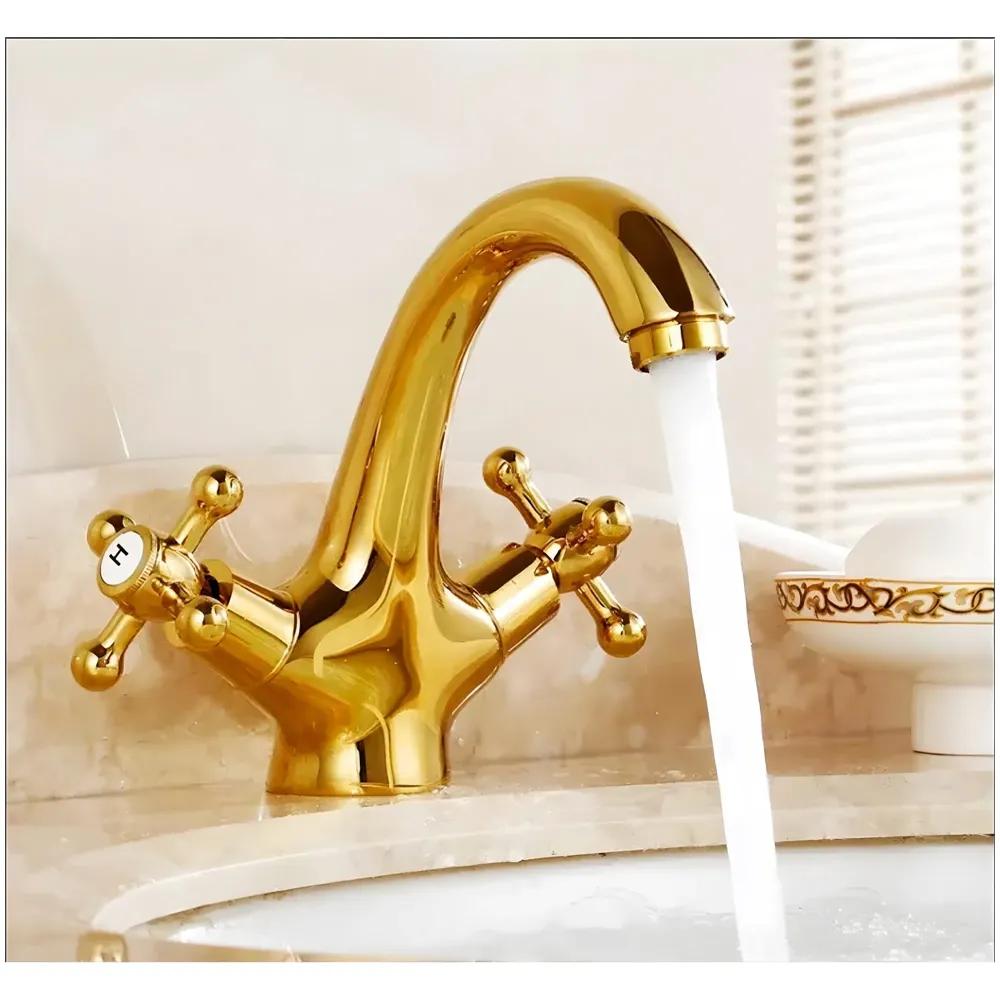 Gold Faucet Tap Mixer Hot and Cold Water Traditional Collection Zinc Heavy Knob Basin Mixer 6 inches with Connector Pipes and Ceramic Cartridge - 3