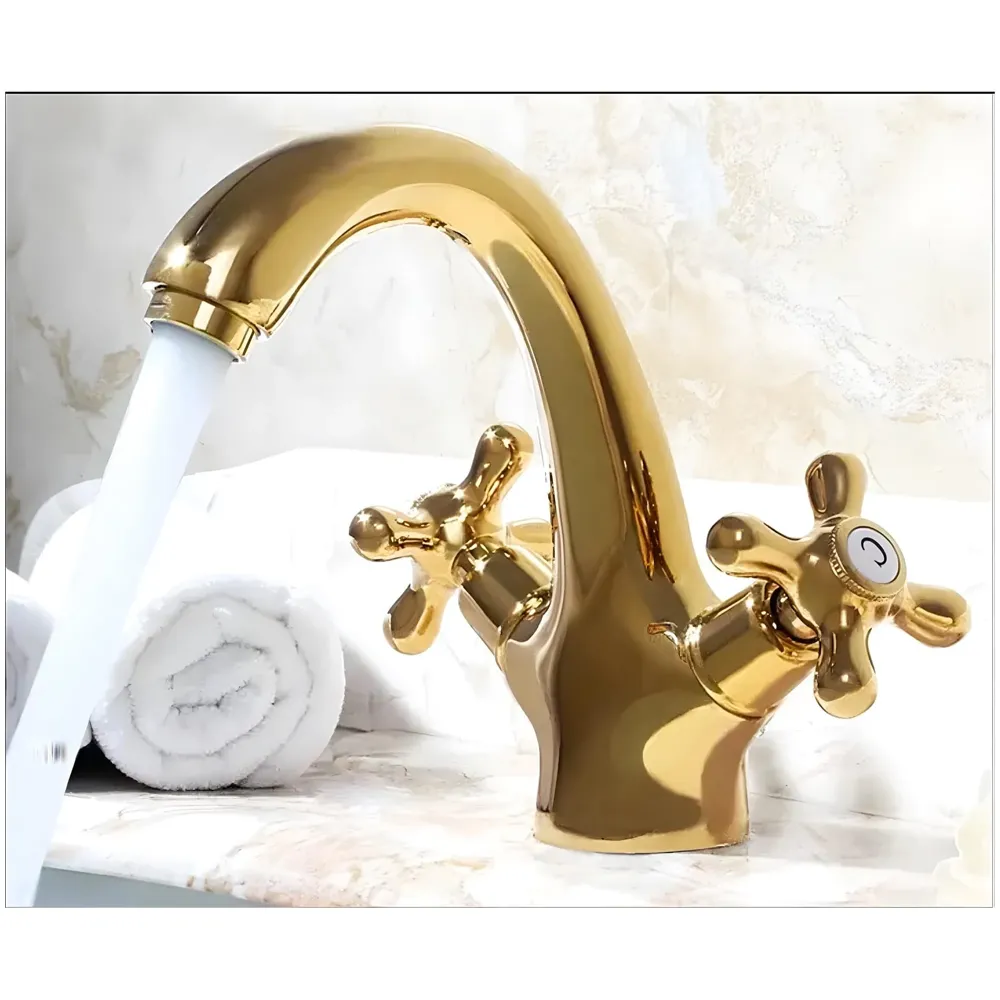 Gold Faucet Tap Mixer Hot and Cold Water Traditional Collection Zinc Heavy Knob Basin Mixer 6 inches with Connector Pipes and Ceramic Cartridge