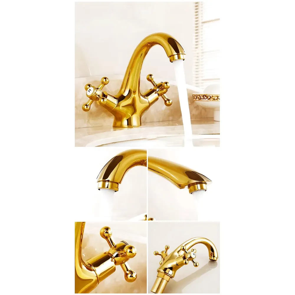 Gold Faucet Tap Mixer Hot and Cold Water Traditional Collection Zinc Heavy Knob Basin Mixer 6 inches with Connector Pipes and Ceramic Cartridge