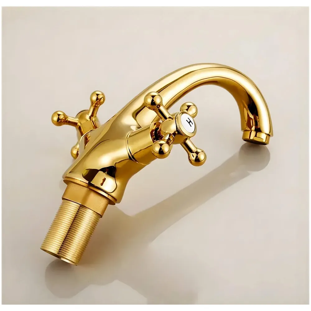 Gold Faucet Tap Mixer Hot and Cold Water Traditional Collection Zinc Heavy Knob Basin Mixer 6 inches with Connector Pipes and Ceramic Cartridge