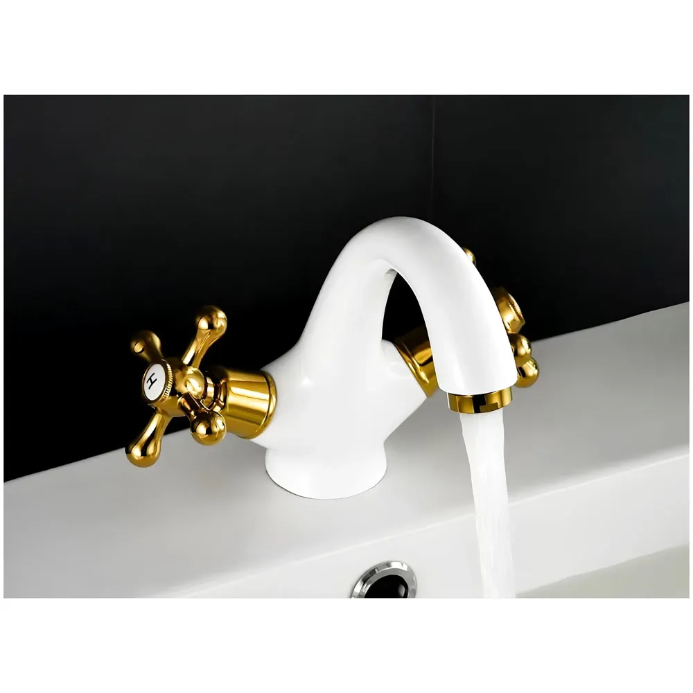 White Gold Faucet Tap Mixer Hot and Cold Water Traditional Collection Zinc Heavy Knob Basin Mixer 6 inches with Connector Pipes and Ceramic Cartridge