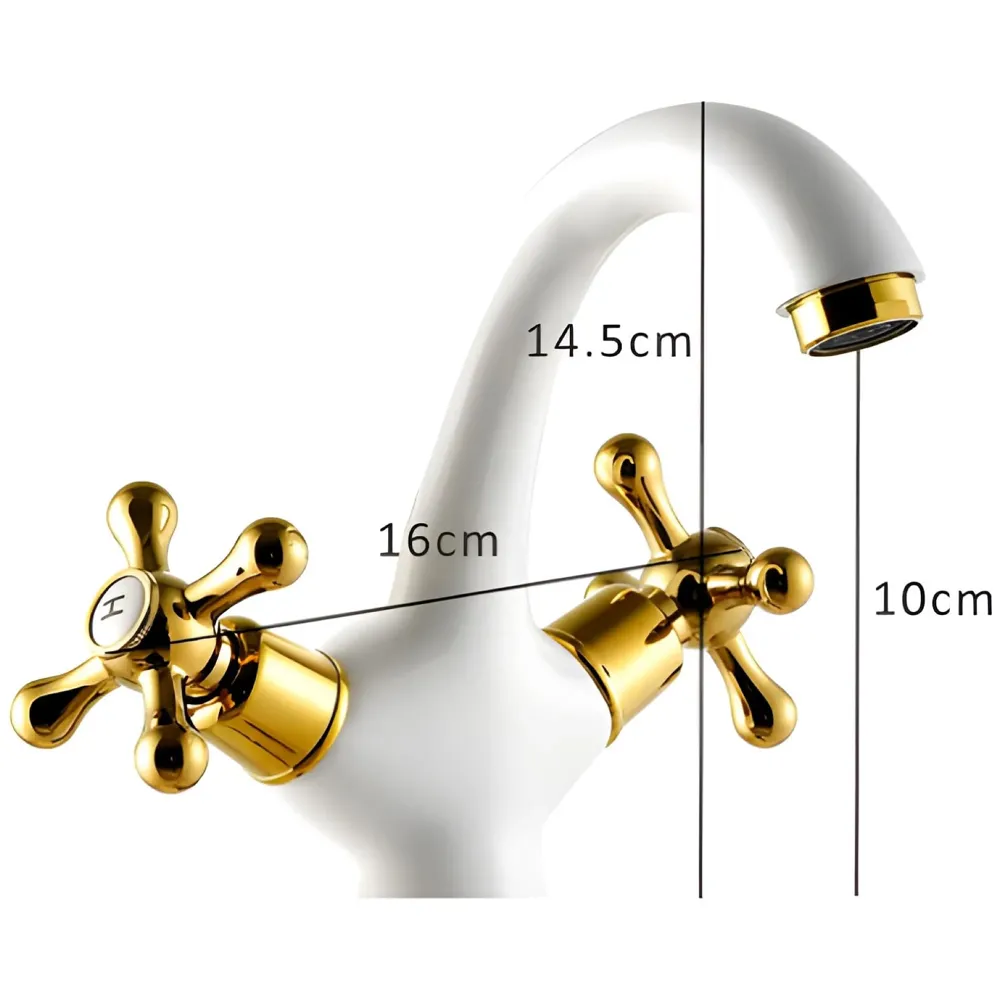 White Gold Faucet Tap Mixer Hot and Cold Water Traditional Collection Zinc Heavy Knob Basin Mixer 6 inches with Connector Pipes and Ceramic Cartridge