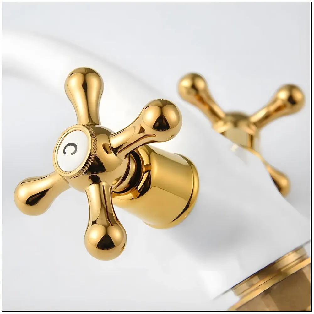 White Gold Faucet Tap Mixer Hot and Cold Water Traditional Collection Zinc Heavy Knob Basin Mixer 6 inches with Connector Pipes and Ceramic Cartridge