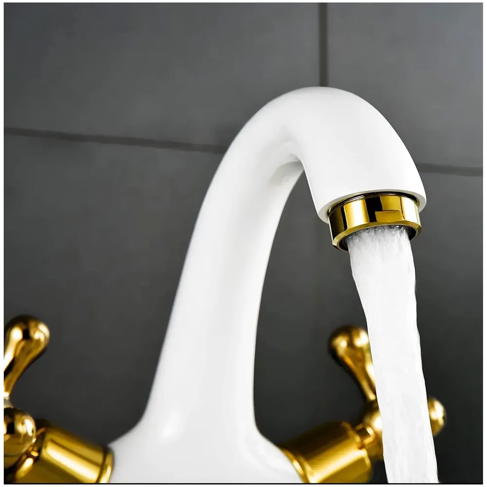 White Gold Faucet Tap Mixer Hot and Cold Water Traditional Collection Zinc Heavy Knob Basin Mixer 6 inches with Connector Pipes and Ceramic Cartridge