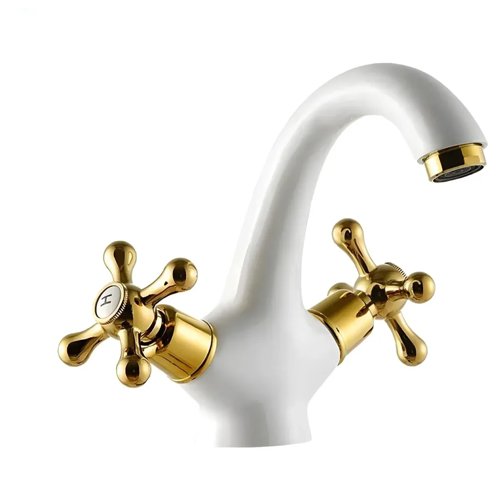 White Gold Faucet Tap Mixer Hot and Cold Water Traditional Collection Zinc Heavy Knob Basin Mixer 6 inches with Connector Pipes and Ceramic Cartridge