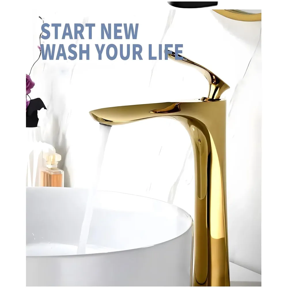 Full Gold Faucet Tap Mixer Hot and Cold Water Heavy Single Lever Basin Mixer 12 inches with Connector Pipes and Ceramic Cartridge for Bathroom Wash Basins