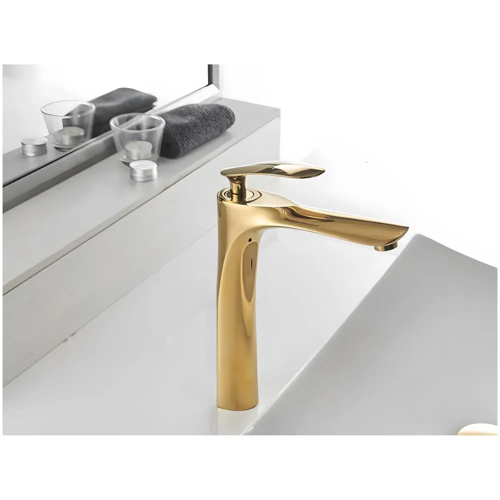 Full Gold Faucet Tap Mixer Hot and Cold Water Heavy Single Lever Basin Mixer 12 inches with Connector Pipes and Ceramic Cartridge for Bathroom Wash Basins
