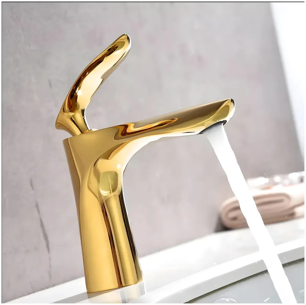 Full Gold Faucet Tap Mixer Hot and Cold Water Heavy Single Lever Basin Mixer 7 inches with Connector Pipes and Ceramic Cartridge for Bathroom Wash Basins